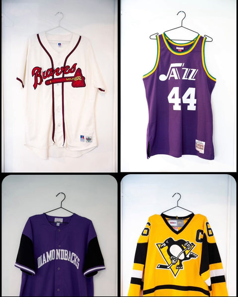 Vintage 90s jersey grid. Braves, Jazz, Diamondbacks, Penguins at Keep It Classic Las Vegas.