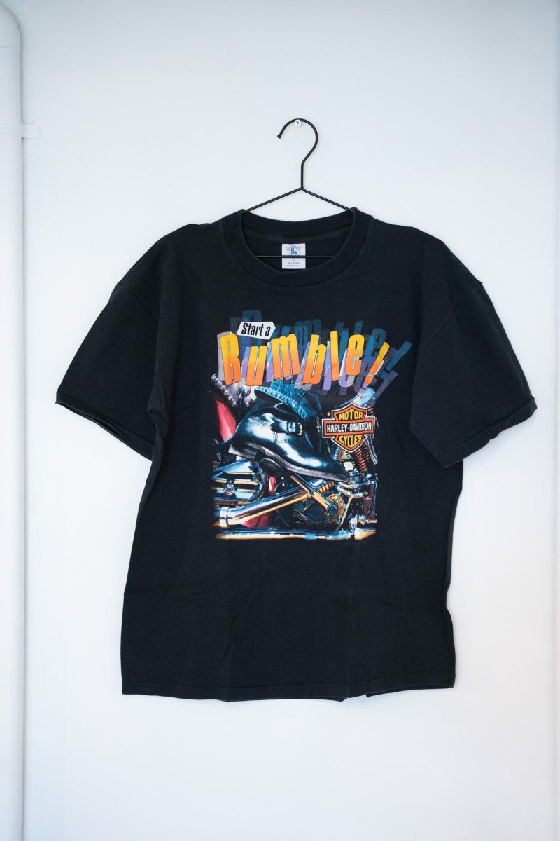 Black 1988 Harley-Davidson Start a Rumble tee multicolor gradient Rumble text motorcycle illustration bar and shield logo vintage