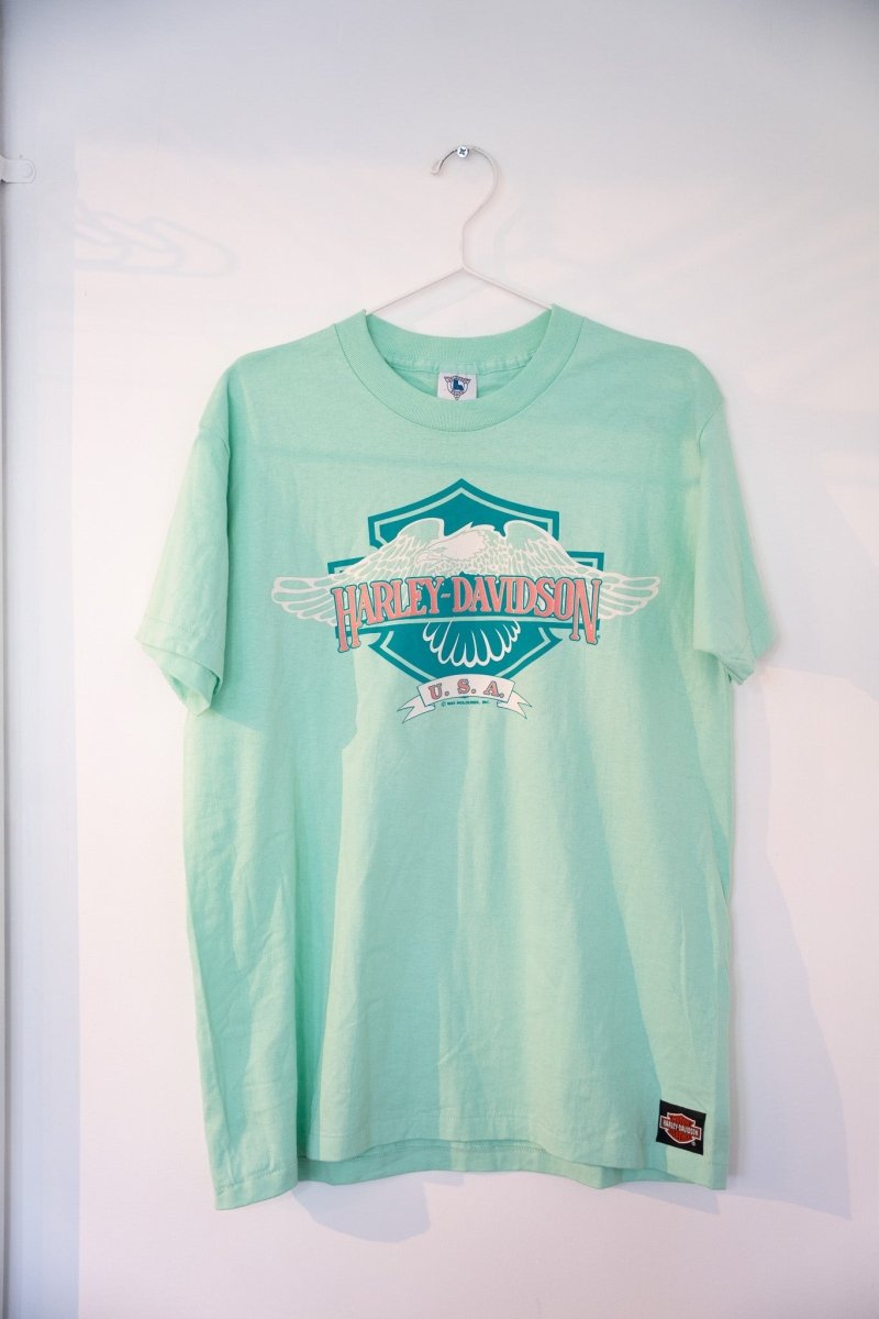 Mint green 1991 Harley-Davidson U.S.A. tee teal pink eagle bar-and-shield logo Holoubek woven hem label vintage size Large