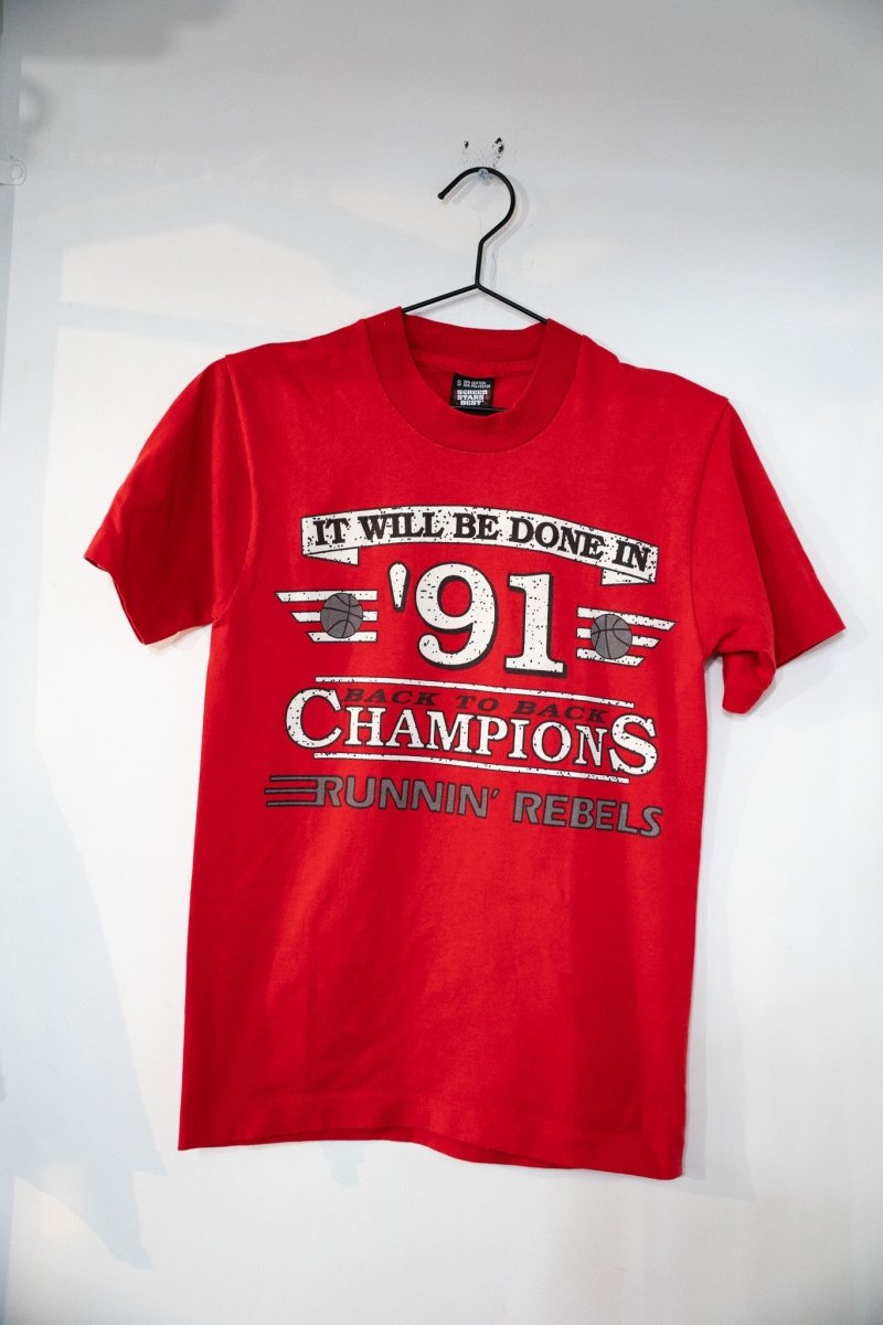 Red 1991 UNLV Runnin Rebels Back to Back Champions tee with It Will Be Done In 91 banner and Screen Stars Best tag