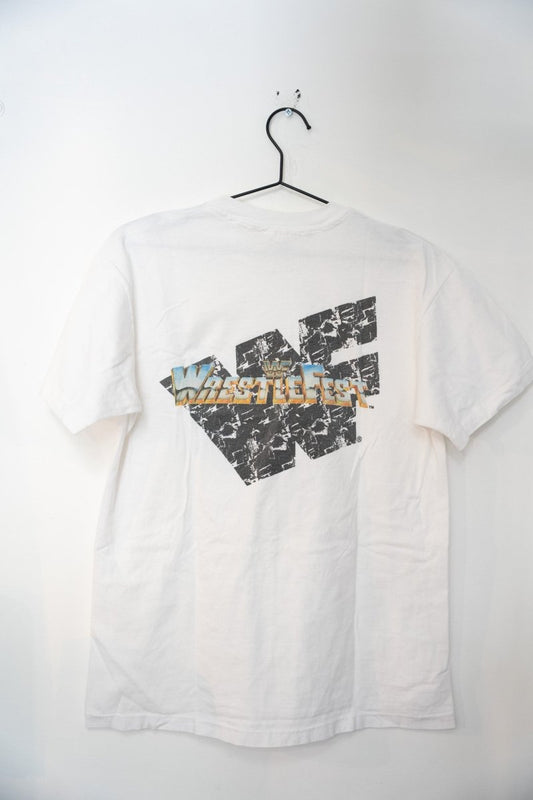 WWF 1991 Wrestlefest video game promotional t-shirt in medium, featuring wrestling graphics and text on navy blue cotton fabric