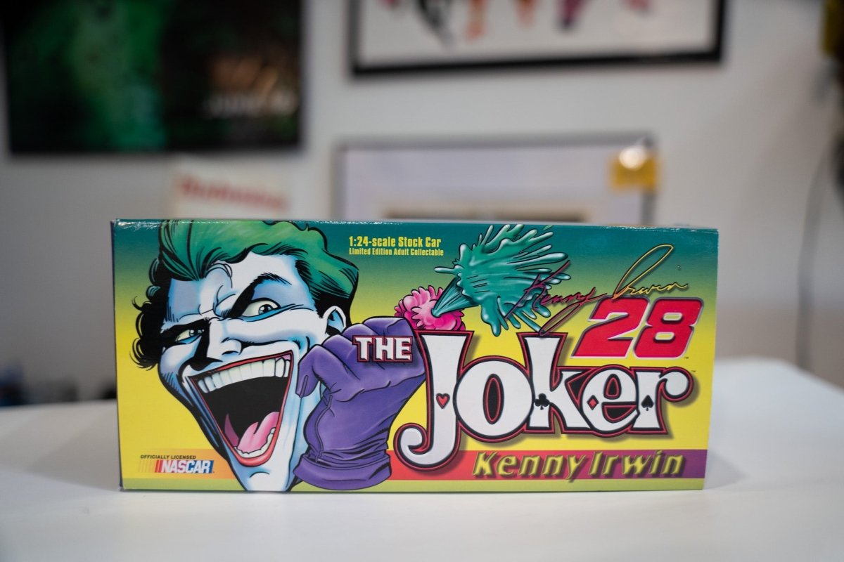 DC Comics 1998 Joker Kenny Irwin platinum series 1:24 scale die-cast car with purple paint and character graphics on white background