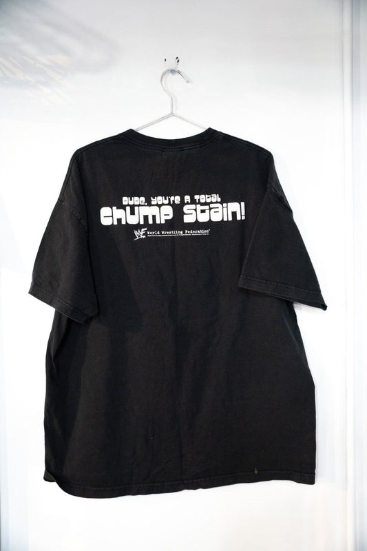 WWF Christian Chump Stain wrestling shirt in XXL, tan and black graphic design from 2002 merchandise