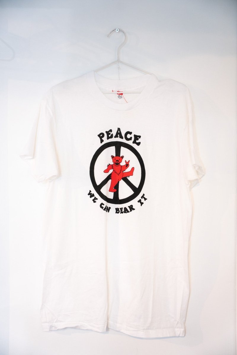 White 90s Grateful Dead Peace We Can Bear It tee black peace sign red dancing bear PEACE text WE CAN BEAR IT wavy lettering