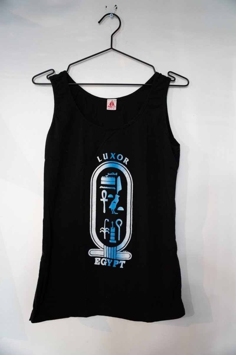 90s Luxor Egypt Tank Top Shirt in medium size, featuring printed graphics of Egyptian pyramids and hieroglyphic designs on cotton fabric