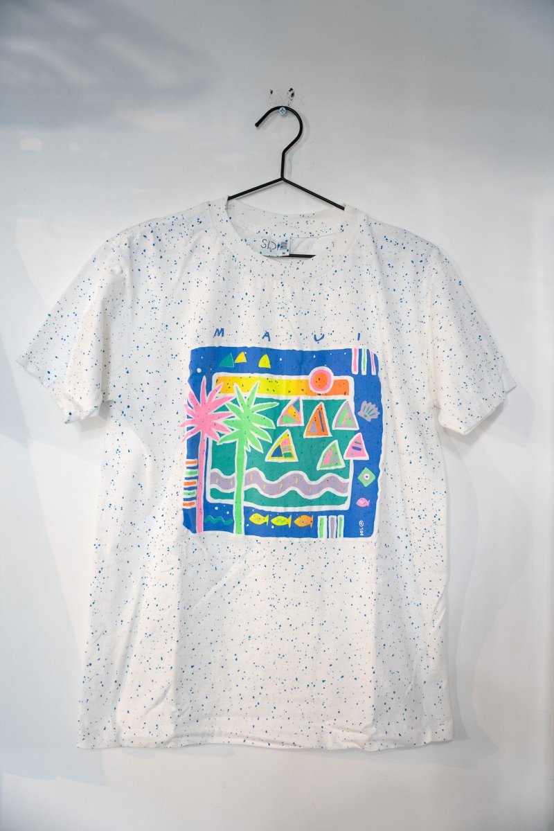SDI Maui 1990s graphic t-shirt in medium size, displayed flat showing front print with tropical design in blue and teal tones
