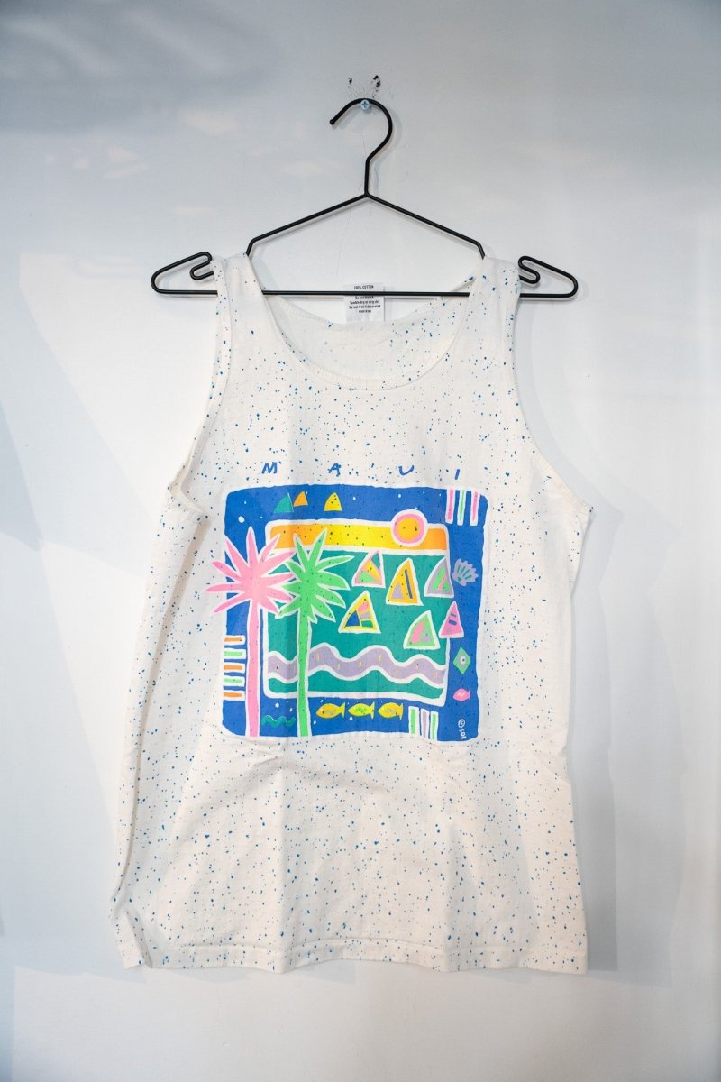 SDI Maui tank top shirt from the 1990s in medium size, featuring printed graphic design on navy blue cotton fabric