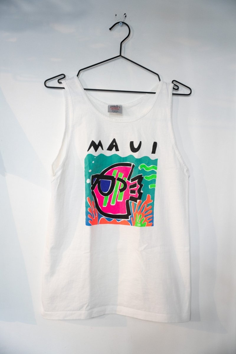 SDI Maui tank top shirt from the 1990s, size medium, featuring screen-printed graphic design on cotton fabric