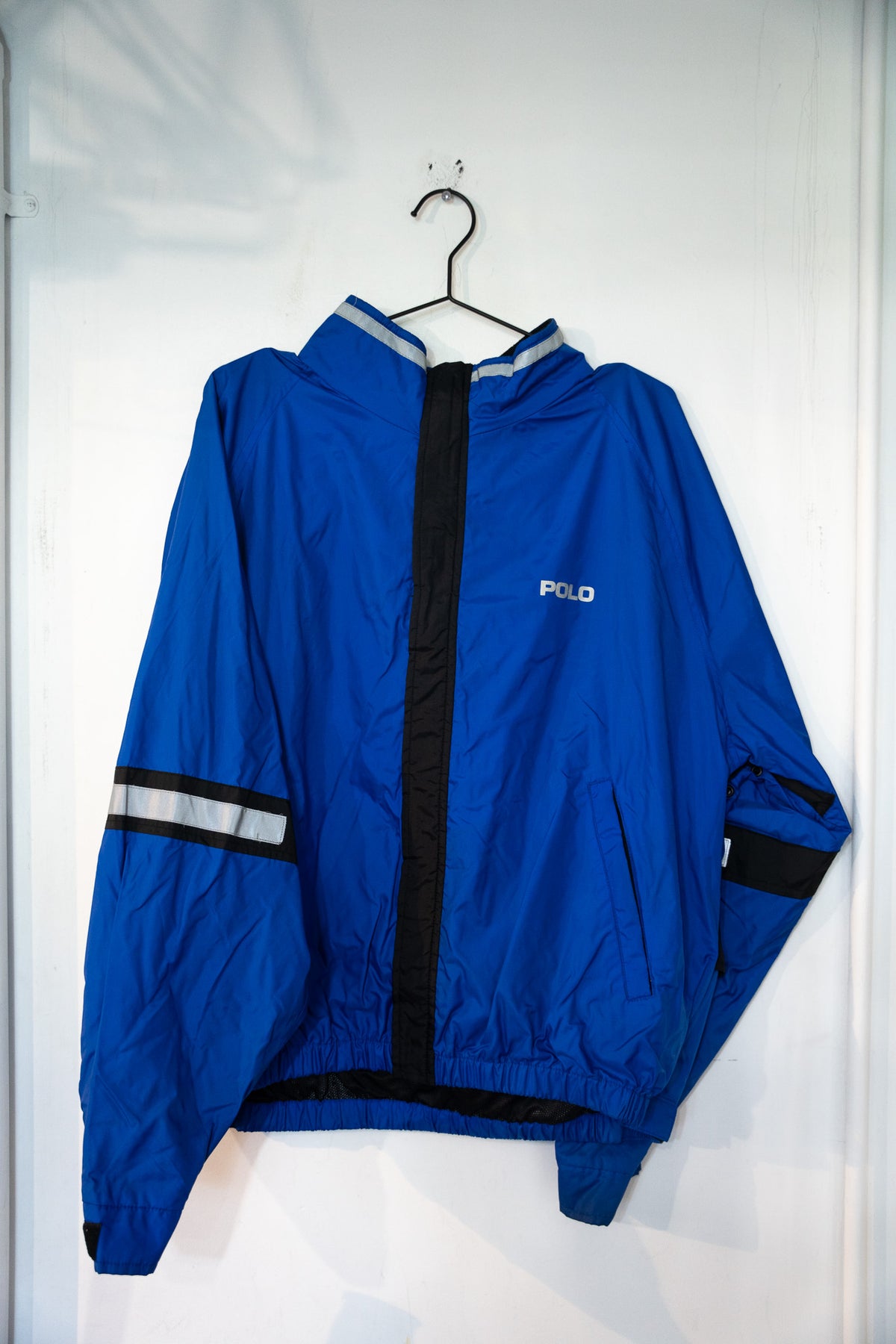 Vintage Polo Ralph Lauren Blue Windbreaker Jacket with Reflective Stripes Size XL