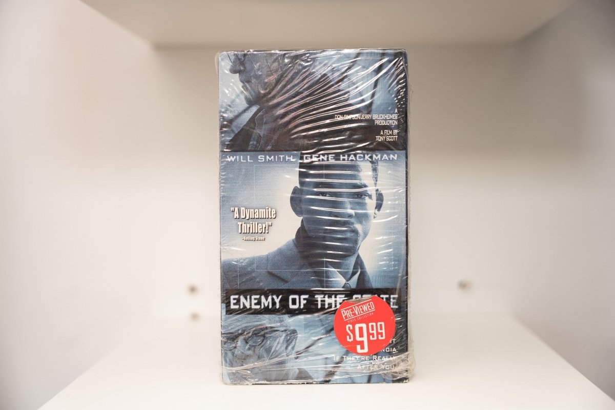 VHS Enemy of the State Will Smith scan lines Gene Hackman ENEMY OF THE STATE text Rolling Stone Dynamite Thriller Bruckheimer Tony Scott Pre-Viewed
