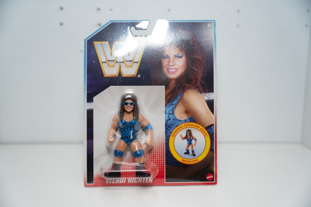 Mattel WWE Retro Wendi Richter action figure retro packaging blue outfit sunglasses Twisted Steel move badge WWF logo Mattel