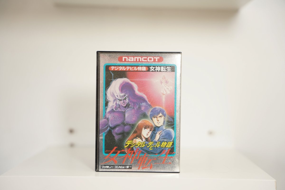 Nintendo Famicom Digital Devil Story Megami Tensei CIB case purple demon protagonists ghostly figure namcot logo Megami Tensei yellow red text