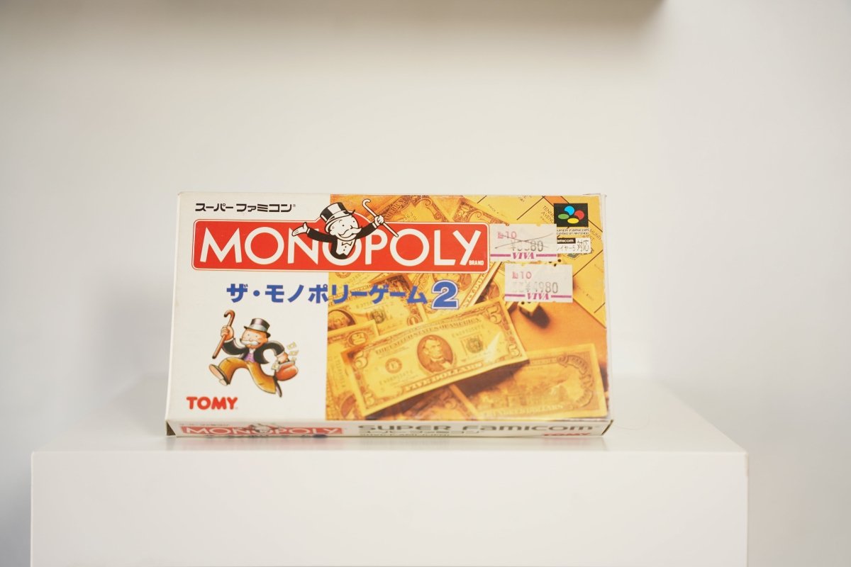 Super Famicom Monopoly Game 2 CIB box gold white MONOPOLY red logo Mr Monopoly mascot dollar bills The Monopoly Game 2 blue text TOMY