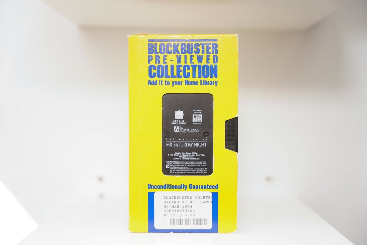The Making of Mr. Saturday Night VHS in yellow Blockbuster Pre-Viewed Collection sleeve with New Line Home Video and Columbia TriStar logos