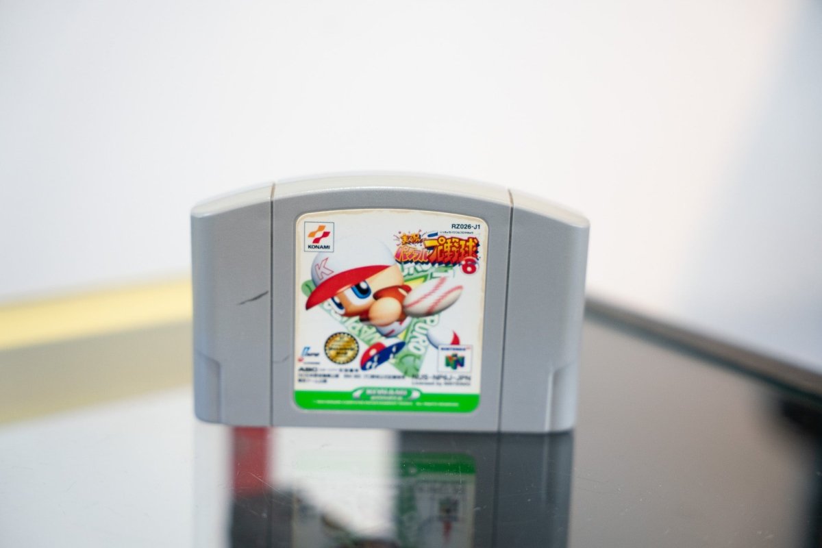 Nintendo 64 Jikkyou Powerful Pro Yakyuu 6 Japanese import cartridge gray white green label chibi baseball player Konami N64