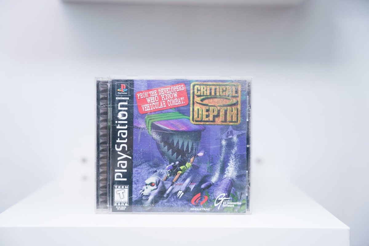 PlayStation Critical Depth jewel case with shark submarine and underwater combat, From The Developers Who Know Vehicular Combat banner, GT Interactive
