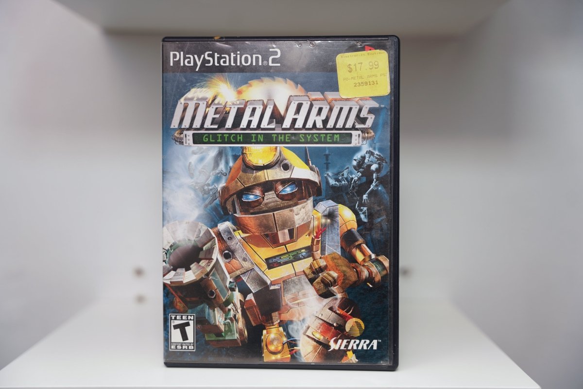 PS2 Metal Arms Glitch in the System case with yellow robot Glitch in heroic pose amid explosions, Sierra logo, $17.99 price sticker