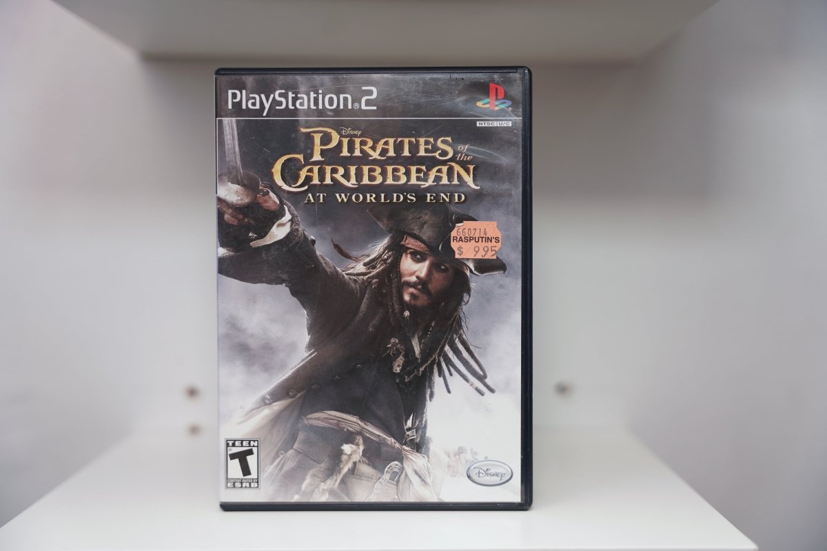 PS2 Pirates of the Caribbean At World's End case with Captain Jack Sparrow arms outstretched with sword, Disney logo, Rasputin's $9.95 sticker