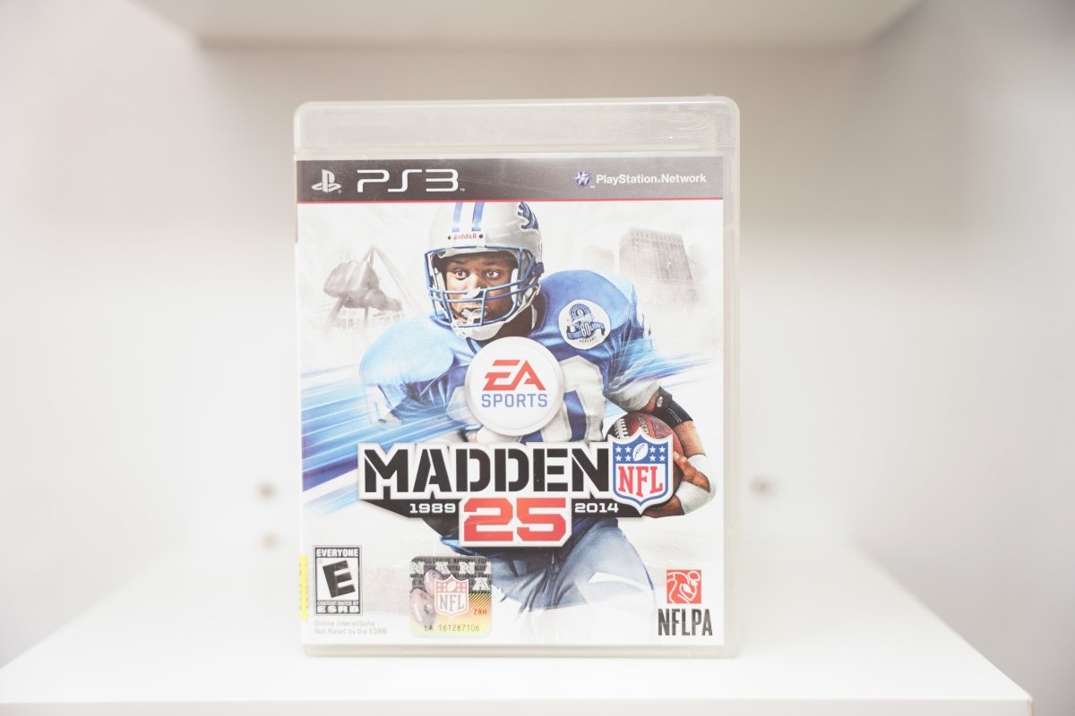 PS3 Madden NFL 25 case with Barry Sanders in Detroit Lions uniform breaking tackle, EA Sports logo, 1989-2014 anniversary, NFL logos