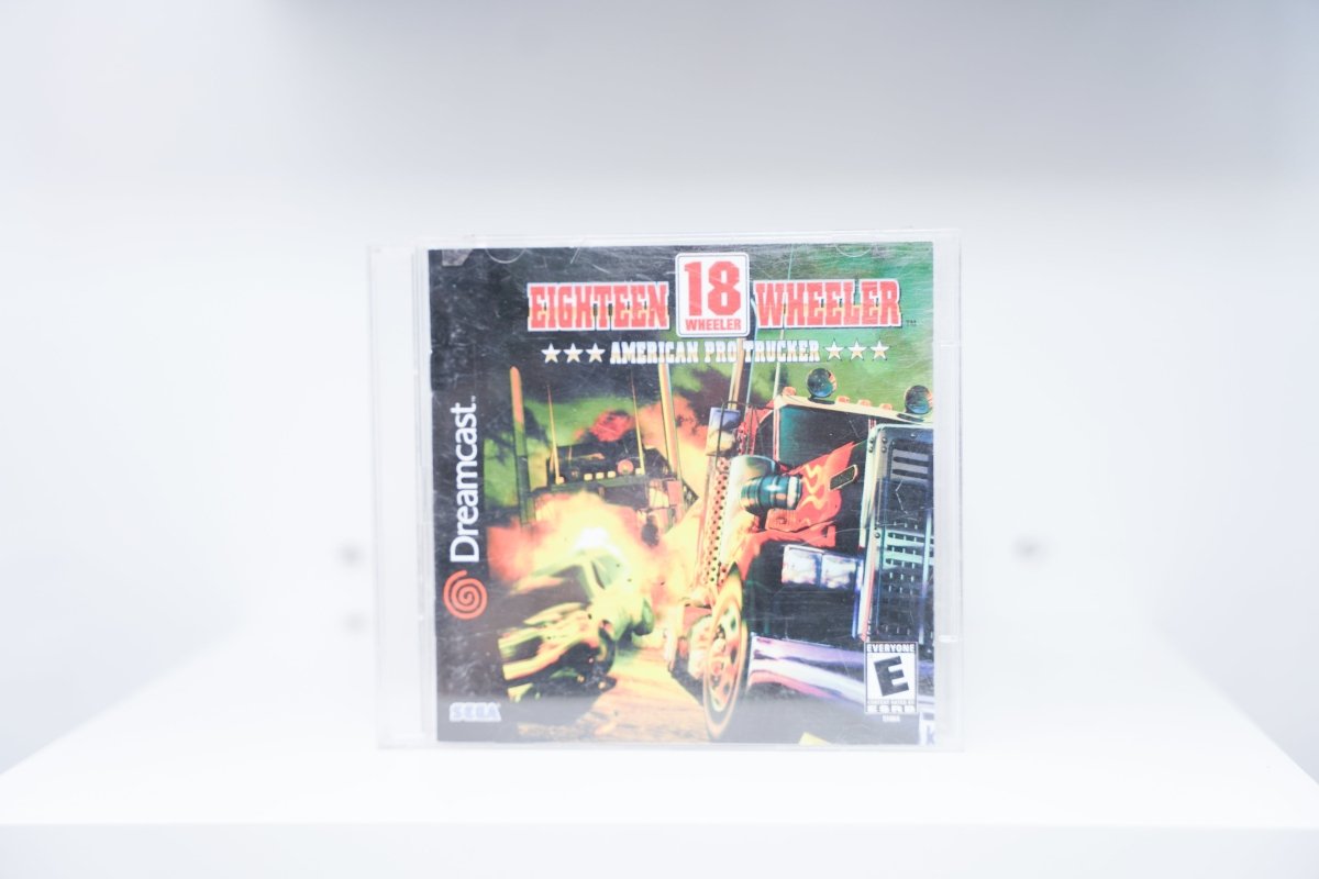 Sega Dreamcast Eighteen Wheeler American Pro Trucker jewel case with red 18-wheeler truck and fiery explosion, Sega logo, Everyone rating