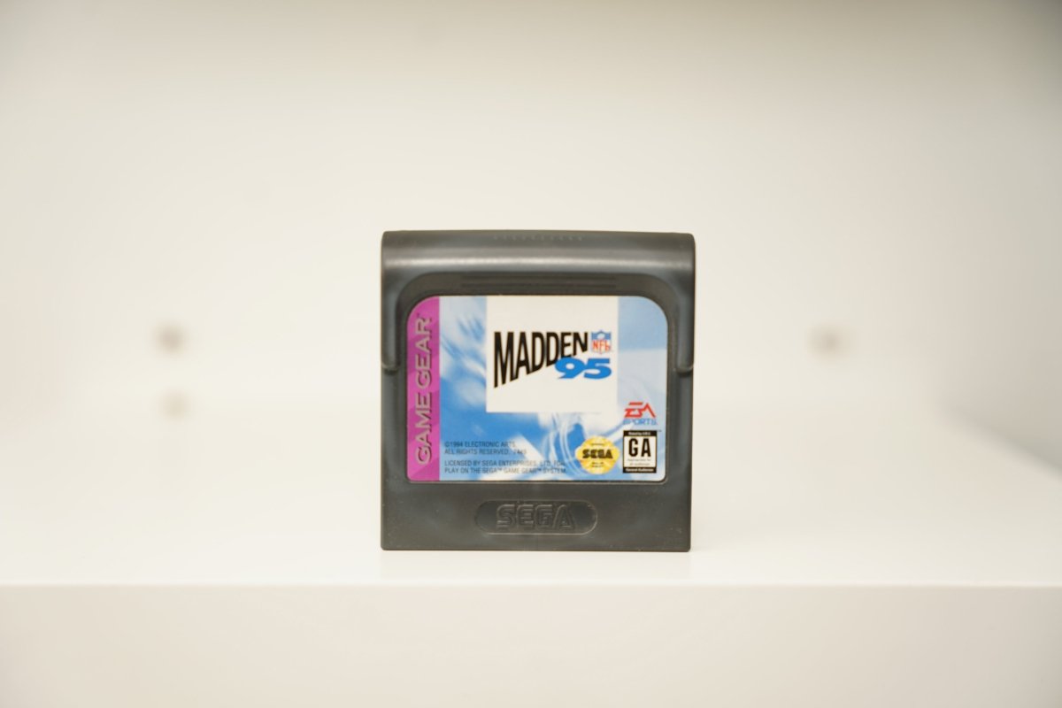 Sega Game Gear Madden NFL 95 cartridge with blue and white minimalist label design, EA Sports logo, GA rating
