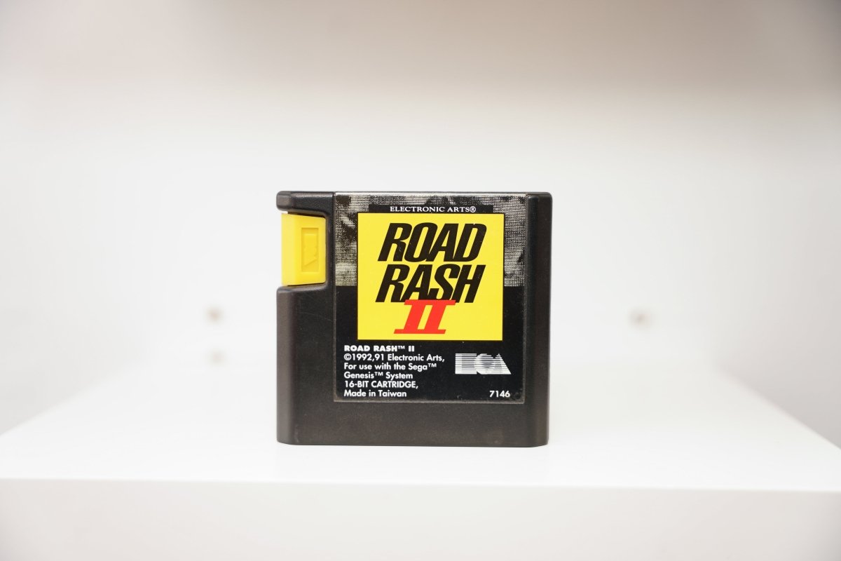 Sega Genesis Road Rash II black cartridge with yellow label, Electronic Arts logo, 16-Bit Cartridge, Made in Taiwan, catalog 7146