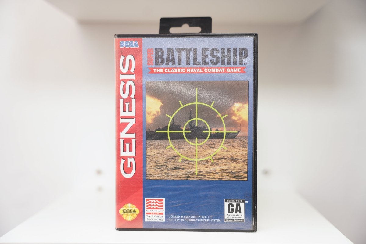 Sega Genesis Super Battleship case with battleship amid explosions viewed through targeting crosshair, Mindscape and Software Toolworks logos