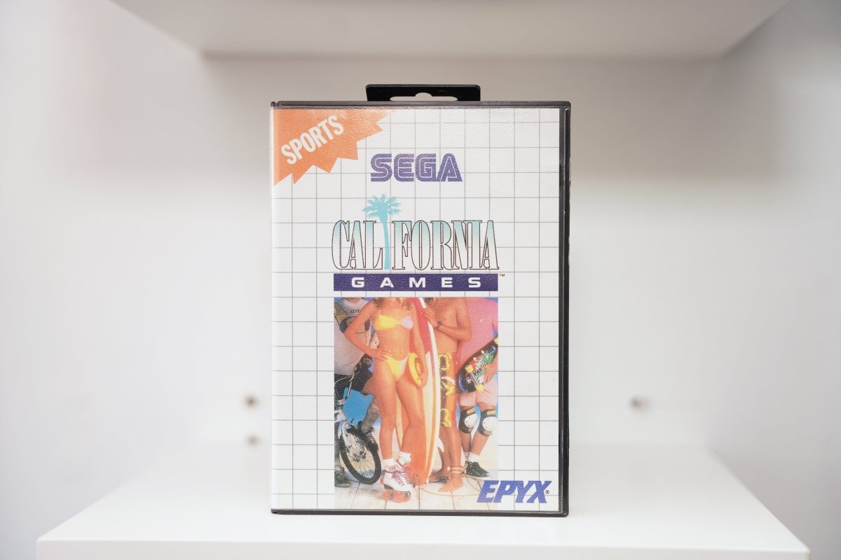 Sega Master System California Games clamshell case with surfer, skateboarders, and BMX riders, Epyx logo, Sports category banner