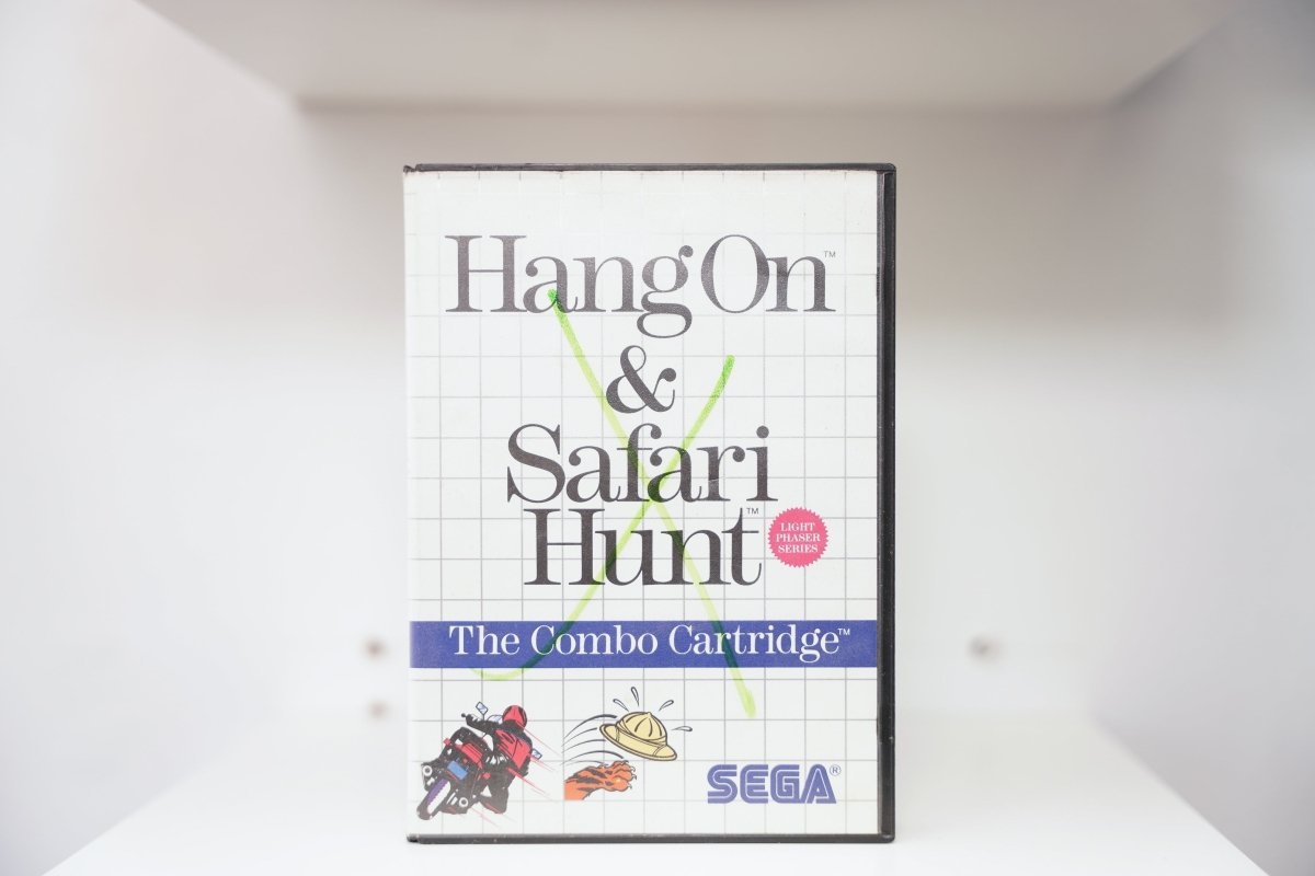 Sega Master System Hang On and Safari Hunt clamshell case with motorcycle and safari hat illustrations, Light Phaser Series badge, Combo Cartridge