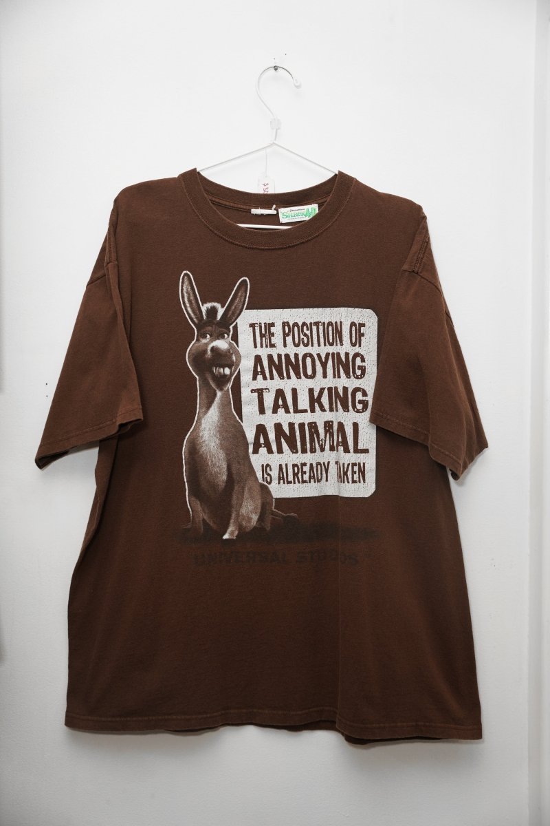 Shrek 4-D brown Donkey tee large with grinning Donkey and The Position Of Annoying Talking Animal Is Already Taken text, Universal Studios