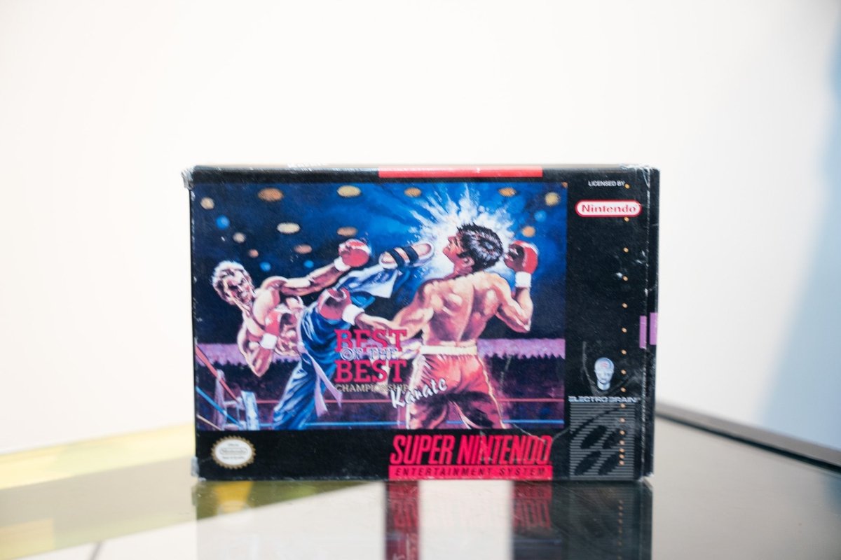 SNES Best of the Best Championship Karate box with painted artwork of two fighters kickboxing in arena, Electro Brain logo