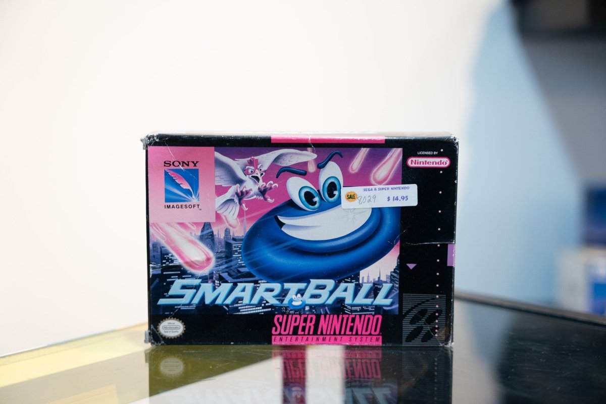 Super Nintendo SmartBall box with blue blob character and white bird against city skyline, Sony Imagesoft logo, $14.95 price sticker