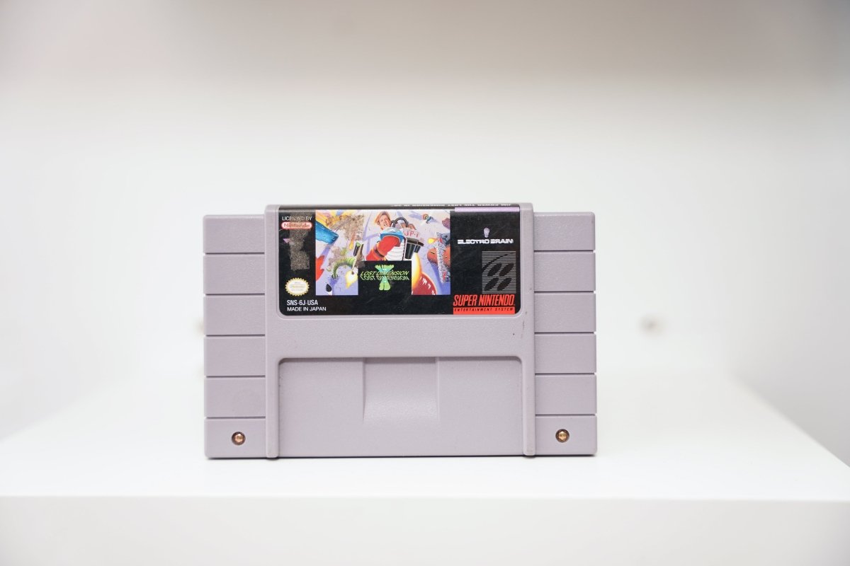 Super Nintendo Jim Power Lost Dimension gray cartridge colorful hero armor alien creatures Electro Brain logo Licensed by Nintendo SNES