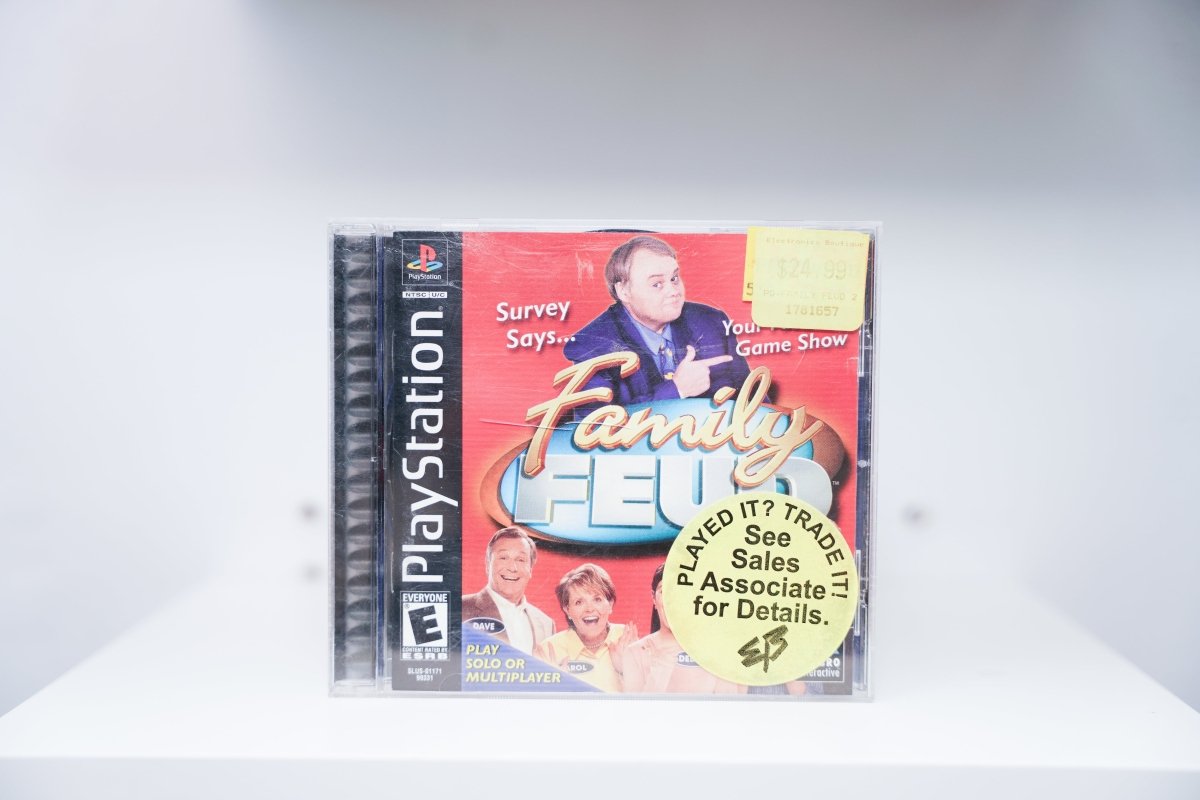 PS1 Family Feud CIB jewel case Louie Anderson thumbs up families survey board Family Feud gold logo Hasbro Everyone Electronics Boutique