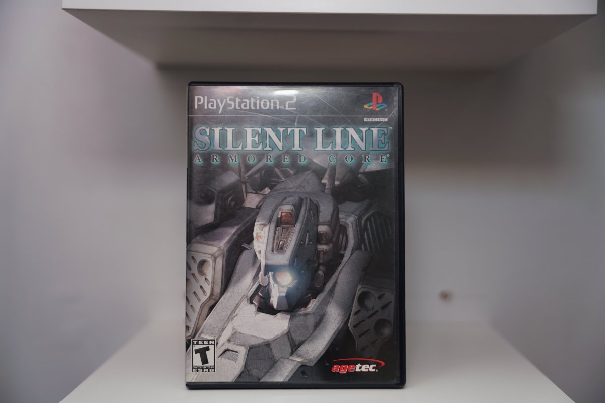 PS2 Silent Line Armored Core CIB case gray white mech low angle industrial SILENT LINE blue text ARMORED CORE silver text Agetec Teen