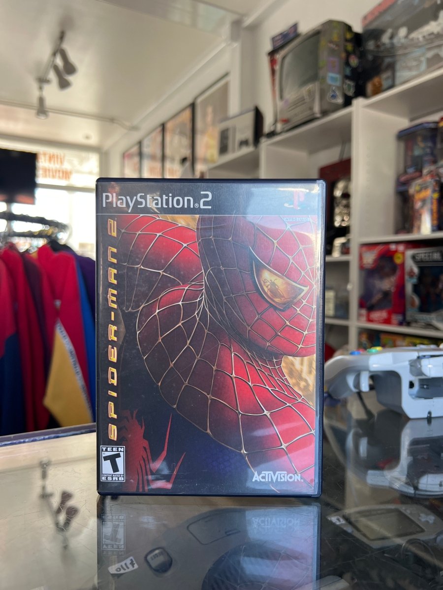 PS2 Spider-Man 2 CIB case extreme close-up Spider-Man mask red suit web pattern reflective eye SPIDER-MAN 2 text Activision Teen