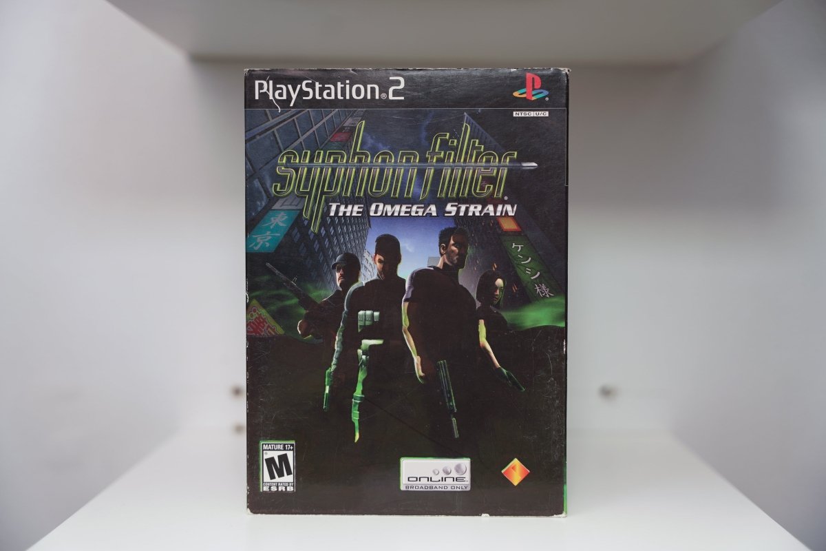 PS2 Syphon Filter Omega Strain CIB case four agents silhouetted Tokyo neon cityscape Syphon Filter green script OMEGA STRAIN silver text Sony Mature