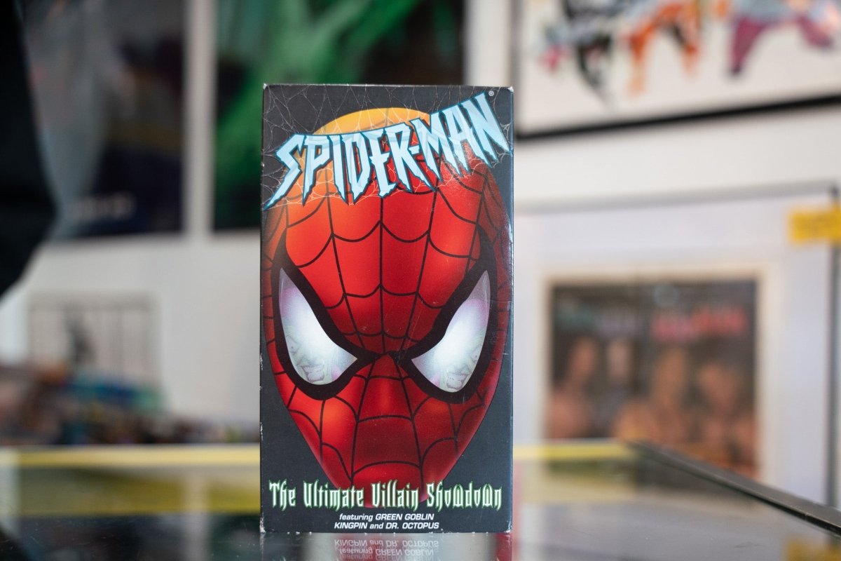 Marvel Spider-Man The Ultimate Villain Showdown VHS tape with colorful artwork featuring Spider-Man and multiple villains on the cover