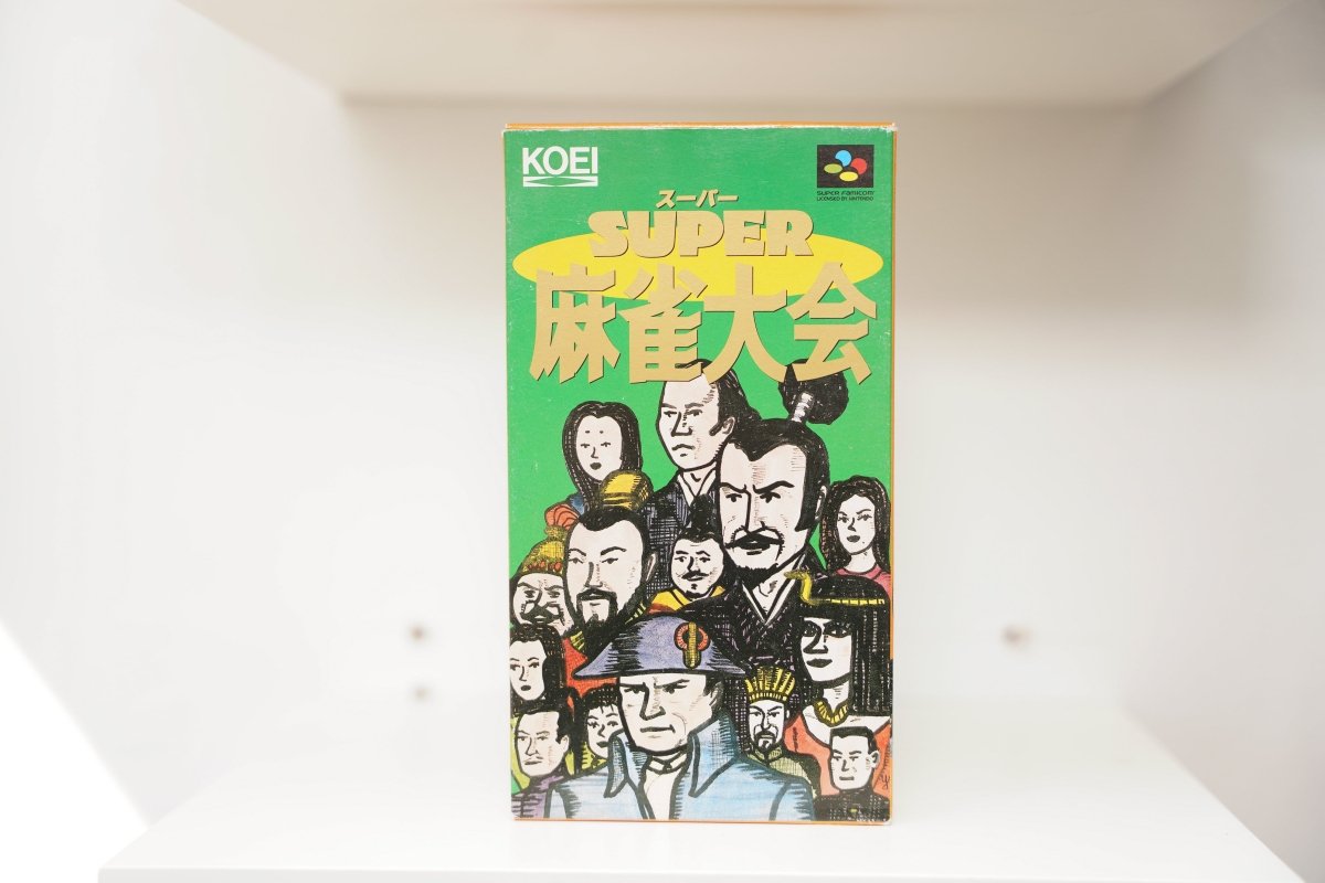 Super Famicom Super Mahjong Taikai CIB green box hand-drawn historical characters crowd KOEI logo SUPER Mahjong Taikai gold kanji Nintendo