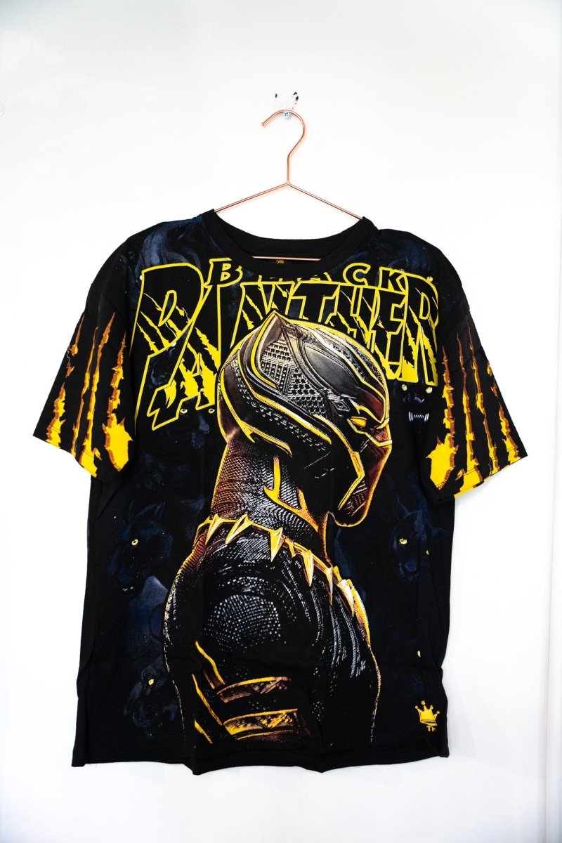 Black Black Panther The Crown all-over print t-shirt with gold vibranium suit portrait yellow BLACK PANTHER claw-mark lettering and gold slash graphics size Medium