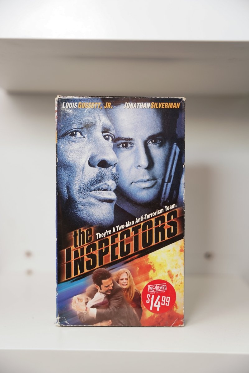 VHS The Inspectors Louis Gossett Jr. Jonathan Silverman blue tint gun the INSPECTORS bold text Two-Man Anti-Terrorism Team explosion Pre-Viewed