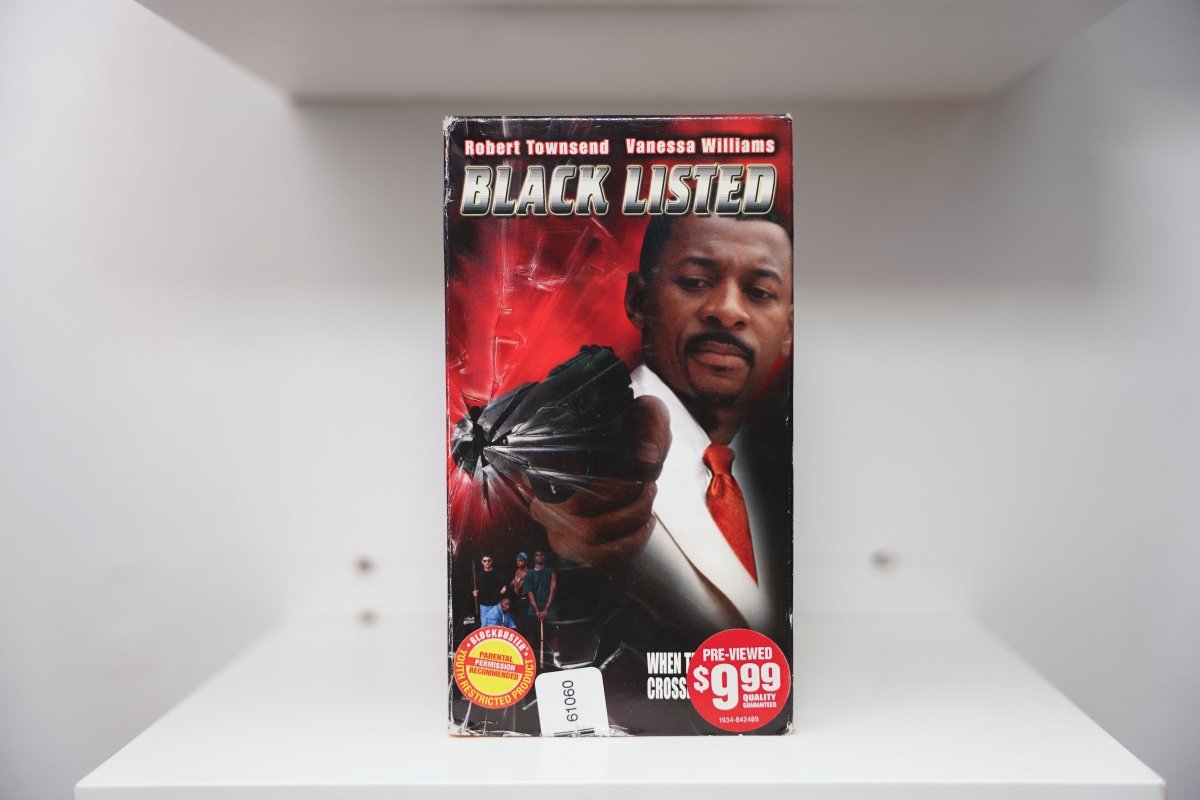 VHS Black Listed red cover Robert Townsend suit red tie pointing gun shattered glass BLACK LISTED silver text Blockbuster Pre-Viewed sticker