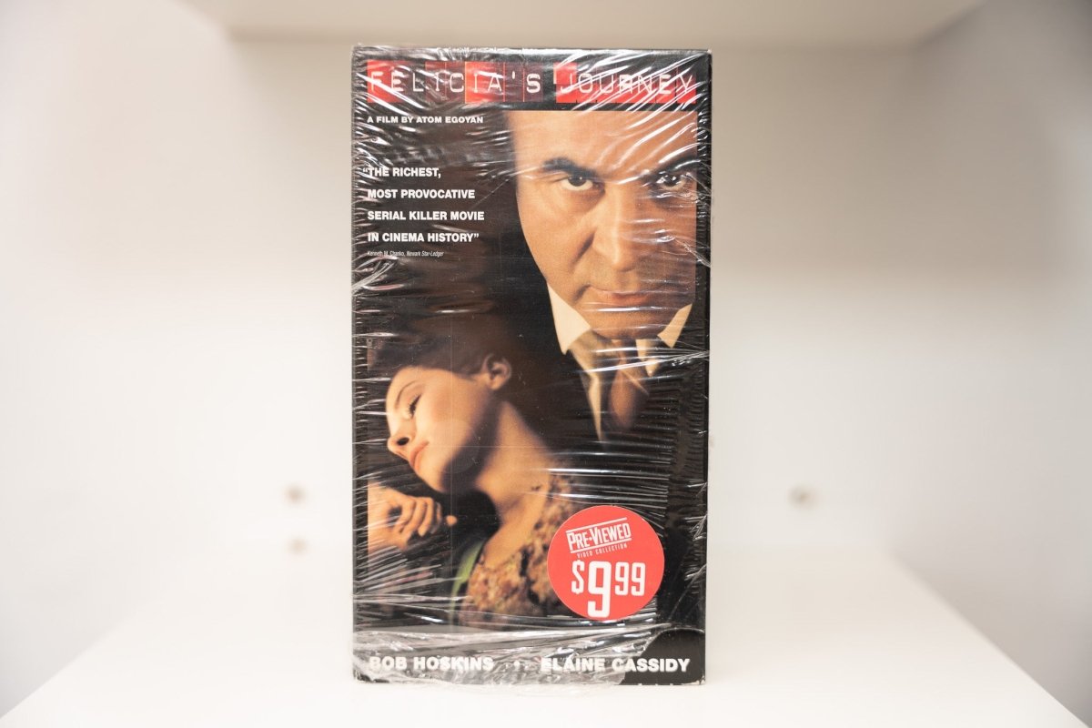 VHS Felicia's Journey dark cover shrink wrap Bob Hoskins menacing Elaine Cassidy FELICIA'S JOURNEY red text Atom Egoyan Pre-Viewed sticker