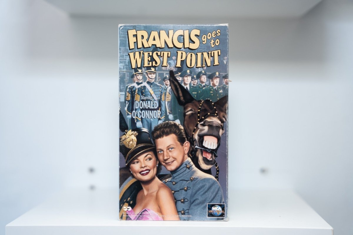 VHS Francis Goes to West Point colorful cover Francis mule laughing Donald O'Connor cadet uniform woman West Point cadets yellow title text MCA