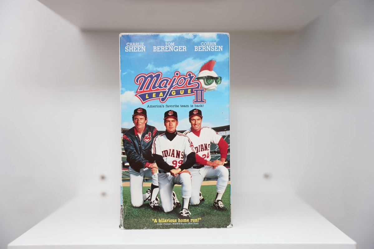 VHS Major League II blue sky cover Charlie Sheen Tom Berenger Corbin Bernsen Indians uniforms mascot sunglasses Major League II script text
