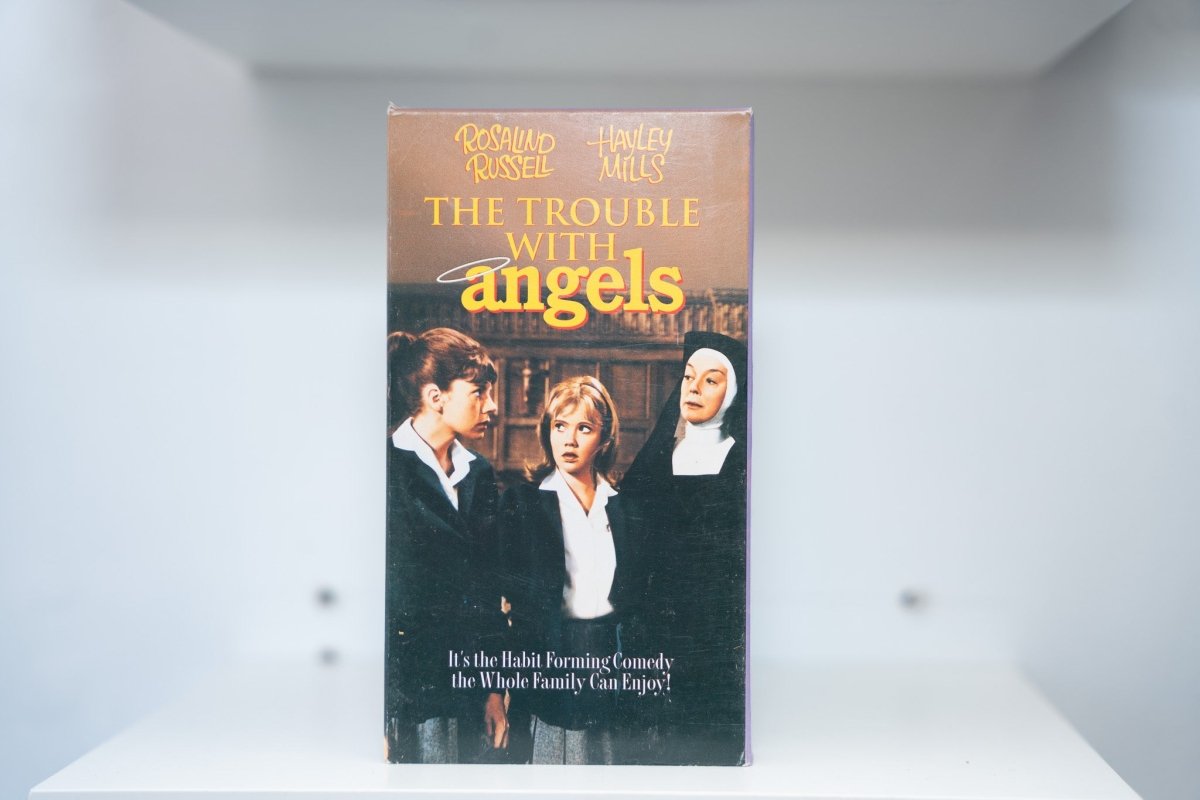 VHS The Trouble with Angels brown cover Hayley Mills school uniform Rosalind Russell nun habit THE TROUBLE WITH angels yellow text halo