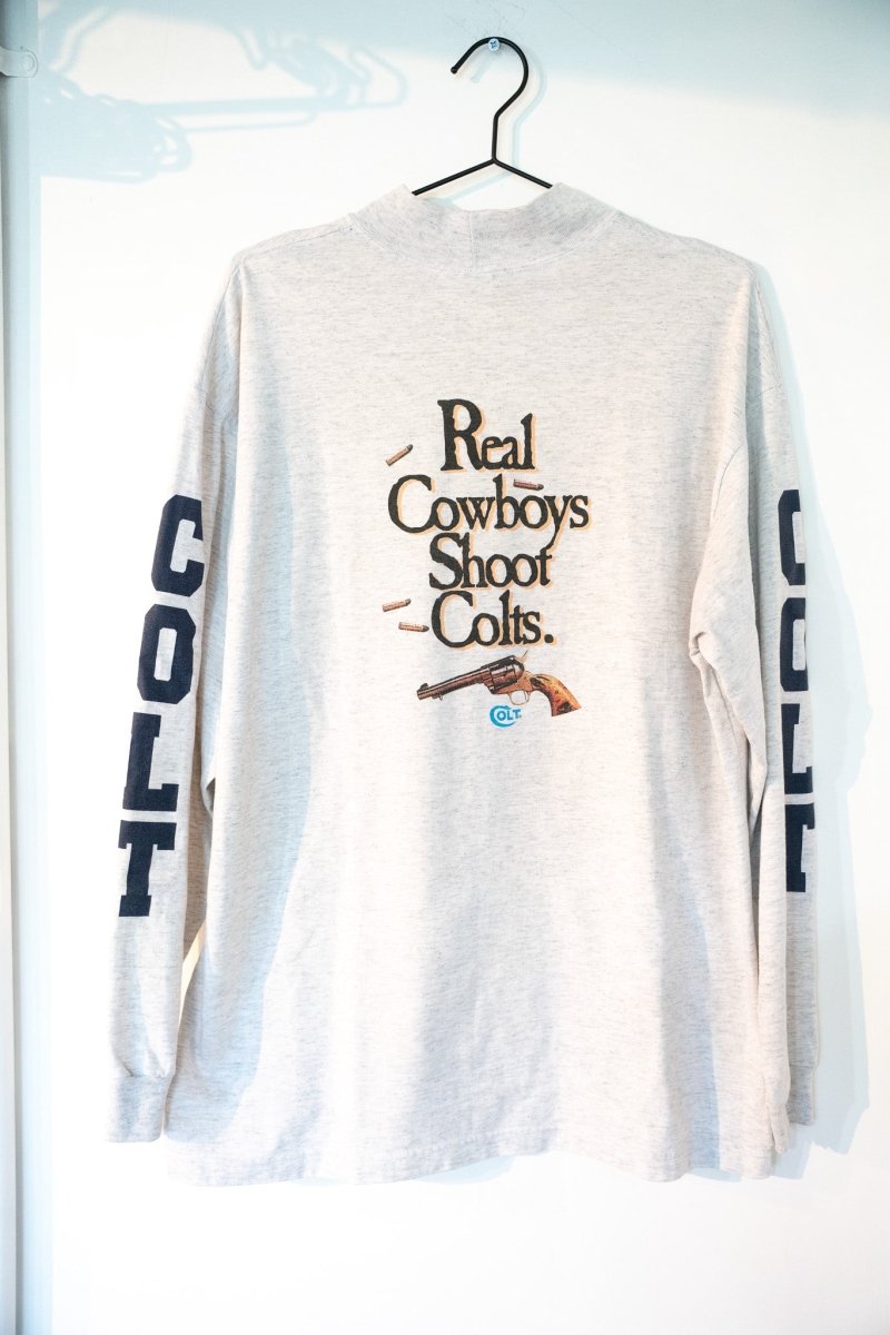 Heather gray vintage Colt Real Cowboys Shoot Colts long sleeve tee with revolver graphic bullet casings COLT navy sleeve prints size XXL