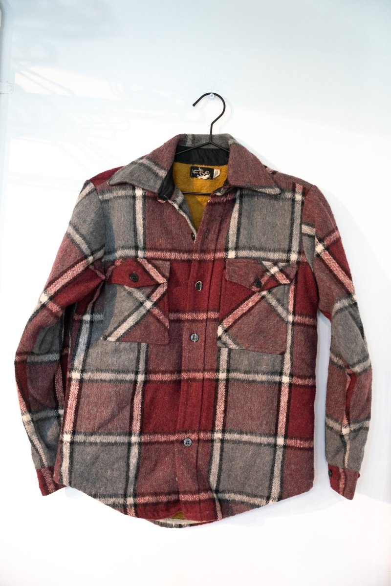 Burgundy maroon gray white plaid vintage CPO wool shirt-jacket with pointed collar large chest pockets gold lining heavyweight size Large