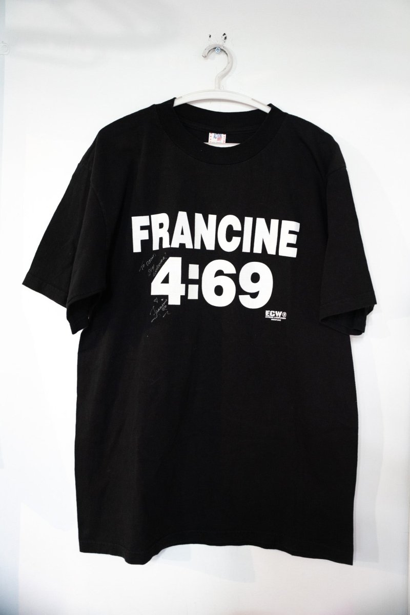 Black vintage ECW Francine 4:69 autographed shirt with white block lettering and silver ink autograph on front