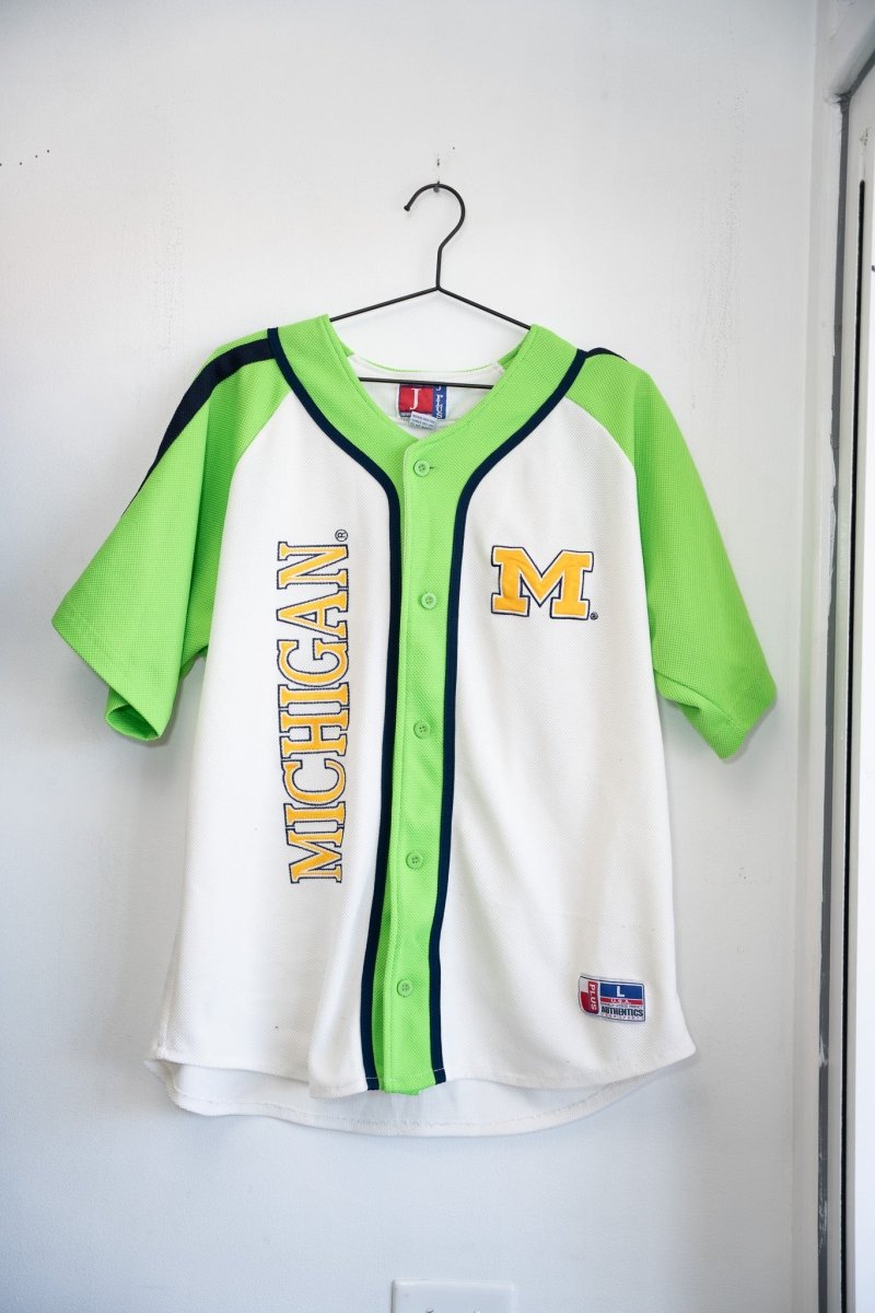 White and neon green vintage J Plus Michigan Wolverines baseball jersey button-front gold MICHIGAN vertical text block M logo navy piping